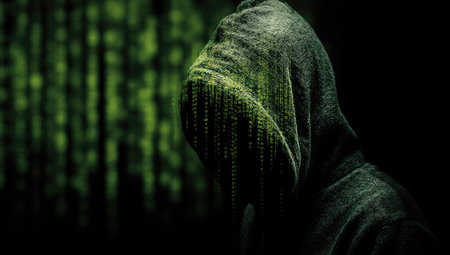 Hooded figure with digital code cascading over it, dark background, cybernetic themeの素材