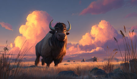 A bison stands proud in a meadow, with a gorgeous sunset painted across the skyの素材