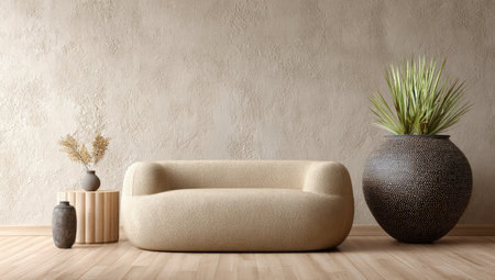 Beige interior features a curved sofa, plants in pots, and a textured wallの素材
