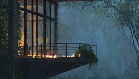 A modern house balcony overlooks a misty forest, candles glow withinの素材