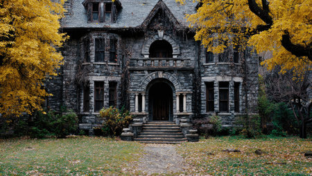 A stone house, with an arched entrance, surrounded by autumn foliage, a path leading to itの素材