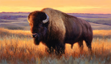 A majestic bison stands in tall golden grass at sunset, bathed in warm, soft lightの素材