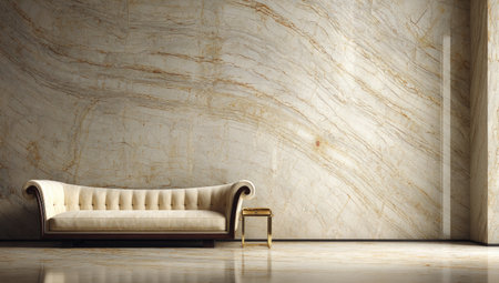 Elegant interior with a cream sofa and gold accents against a marble wallの素材
