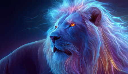 Majestic lion with glowing mane and eyes, radiating ethereal blue light, looking regalの素材