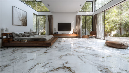 Modern bedroom with large windows, marble floor, and a view of lush greeneryの素材