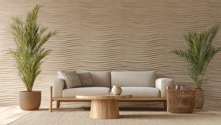 A modern living room with a beige sofa, textured wall, and two potted palm treesの素材