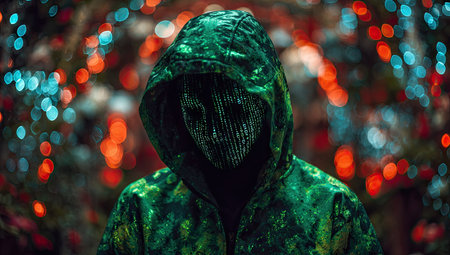 Figure in a green hoodie with binary code mask against a blurred background of lightsの素材