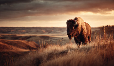A lone bison stands proudly in a prairie at sunset, bathed in warm golden lightの素材