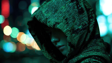 A person in a hooded garment gazes down, city lights blur the backgroundの素材