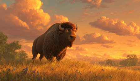 A digital painting showcases a bison in a sunlit field, set against an amber skyの素材