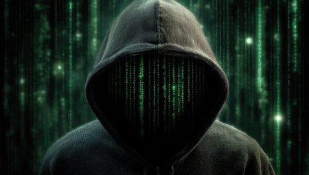 Hooded figure, face obscured by green vertical code, against a background of cascading binaryの素材