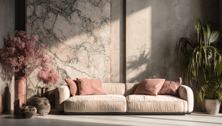 Interior shot featuring a sofa with pink accents, plants, and marble accent wall bathed in sunlightの素材