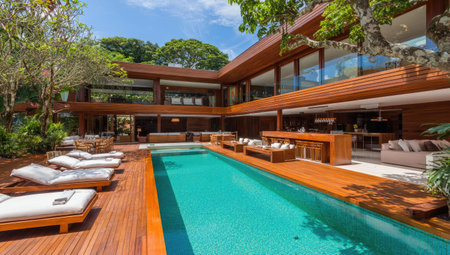 Luxury modern home with a pool, surrounded by lush greenery and wooden decksの素材