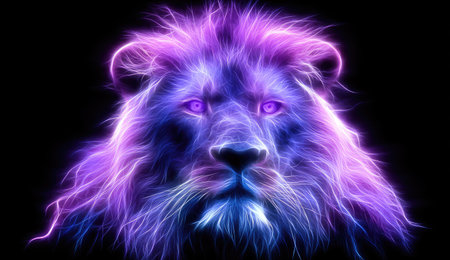 A majestic lion rendered in glowing purple and blue neon against a stark black backgroundの素材