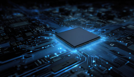A close-up of a glowing, futuristic circuit board with a central processor bathed in blue lightの素材