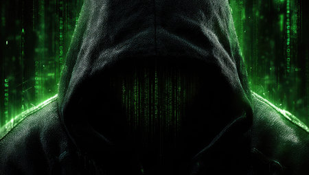 A hooded figure with binary code covering face, set against a green-lit digital backdropの素材