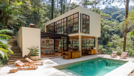 Modern home blends into lush forest with a pool, sun deck, and large glass windowsの素材