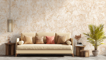 A beige sofa with throw pillows sits before a textured wall, with decor accentsの素材