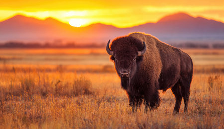 Majestic bison stands in golden field as sun sets behind silhouetted mountainsの素材