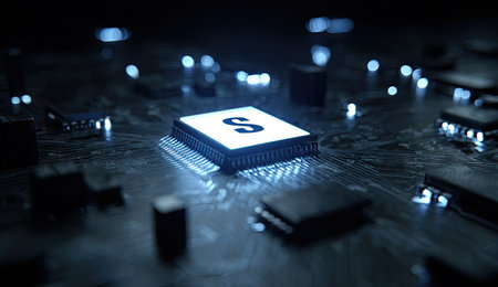 A glowing &quot;S&quot; on a circuit board surrounded by other darkened electronic componentsの素材