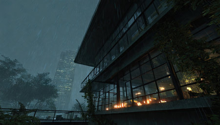 Modern glass building during a rainstorm with a city backdrop. Overgrown greeneryの素材