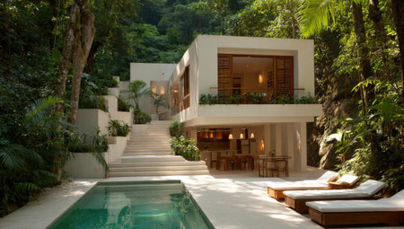 Modern white house built into a lush green hillside with a pool, stairs, and wooden accentsの素材