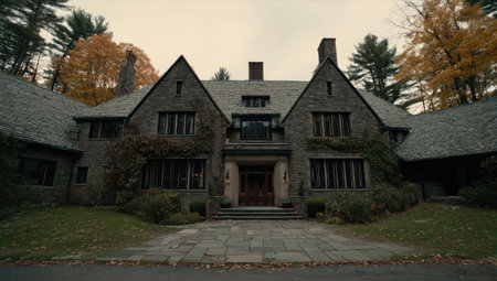 Grand stone mansion with multiple gables, entryway, &amp; autumn trees framing the facadeの素材