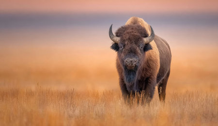 Majestic bison stands in golden field under a soft, hazy skyの素材