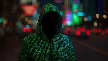 A faceless figure in a pixelated green hoodie against blurred city lightsの素材