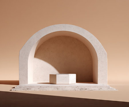 An archway frames a neutral-toned pedestal, suitable for product display against a shaded backgroundの素材