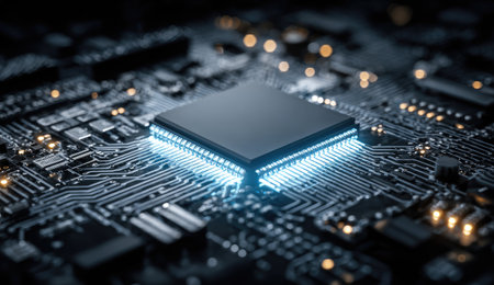 Close-up of a glowing computer chip on a circuit board, complex networkの素材