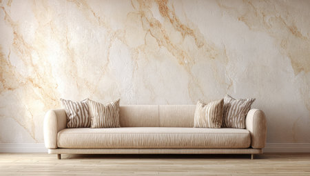 Beige sofa with pillows against a marble wall, light wood floor, warm and invitingの素材