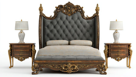 Ornate bed with tufted headboard, nightstands, and lamps. Regal, luxurious bedroom furnitureの素材