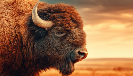 Close-up of a majestic bison head against a vibrant sunset backdropの素材