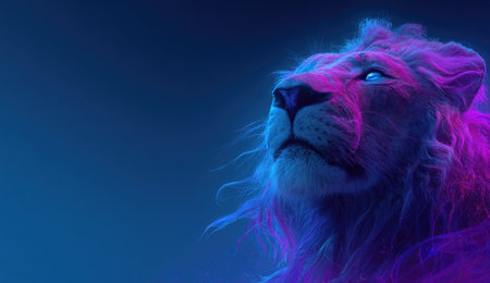 Majestic lion portrait, lit with vibrant pink and blue hues, gazing upward against a dark backdropの素材