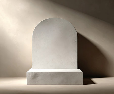 A stone arch on a pedestal, bathed in light &amp; shadow, minimalist designの素材