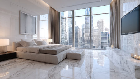 Luxury bedroom with city views, marble floors, large bed, and expansive windowsの素材