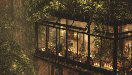 A glass enclosed space, illuminated with warm light, enveloped by greenery and a rainy atmosphereの素材