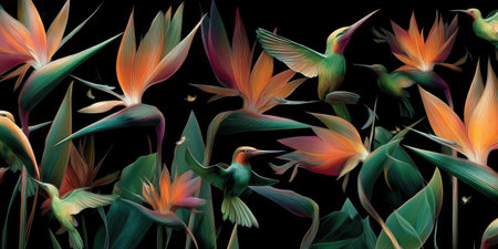 Tropical scene of vibrant bird of paradise flowers with hummingbirds against a deep black backdropの素材