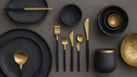 Elegant matte black and gold tableware set, arranged on a neutral grey surfaceの素材