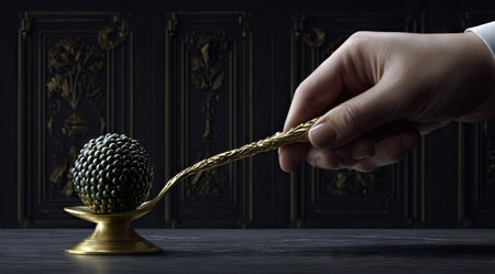 Hand holding ornate spoon bearing a sphere of black, glistening spheres, against dark panelingの素材