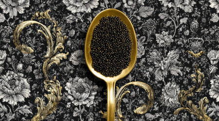 Glistening black caviar rests in a golden spoon against a floral, dark patterned backdropの素材