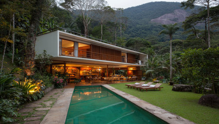 Modern two-story home nestled in lush greenery, featuring a pool and mountain viewの素材