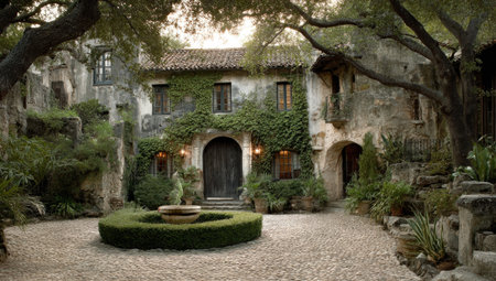 Quaint, stone-built courtyard with fountain, vines, and aged architectureの素材