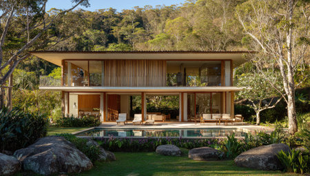 Two-story, modern home nestled in lush greenery, with pool. Large windows. Wooden facadeの素材