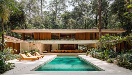 Modern, two-story home with pool, surrounded by lush forest. Wooden accents and minimalist designの素材