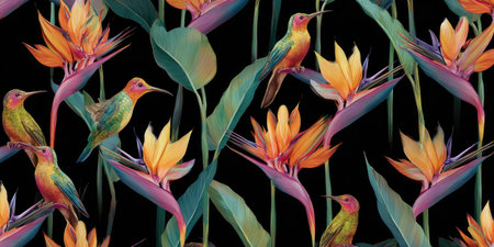 A vibrant, repeating pattern of colorful birds perched among tropical flowers and leaves on a black backgroundの素材