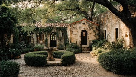 Stone courtyard with fountain, garden beds, and arched doorways, partially shadedの素材