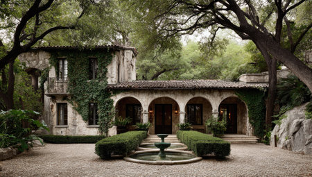 Elegant stone home with arches, courtyard, fountain, and climbing greenery in a wooded areaの素材