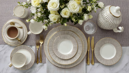 Overhead shot of a formal table setting with floral arrangement and gold accentsの素材